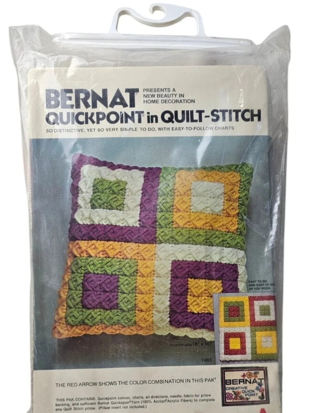 Vtg Bernat Quickpoint in Quilt Stitch Pillow Kit Orange Green Yellow 16x16 NOS